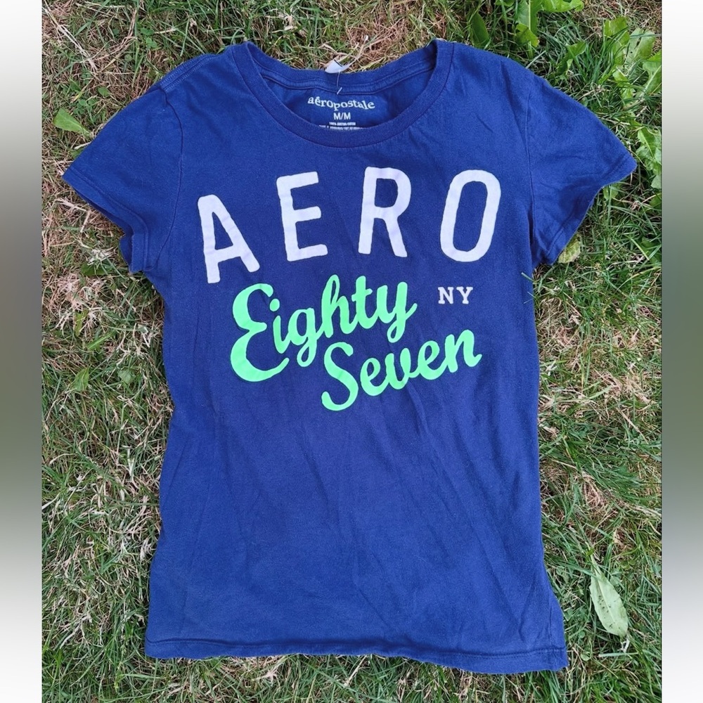Retro Aeropostale Blue & Green 2000s Graphic T-Shirt Y2K Size Medium